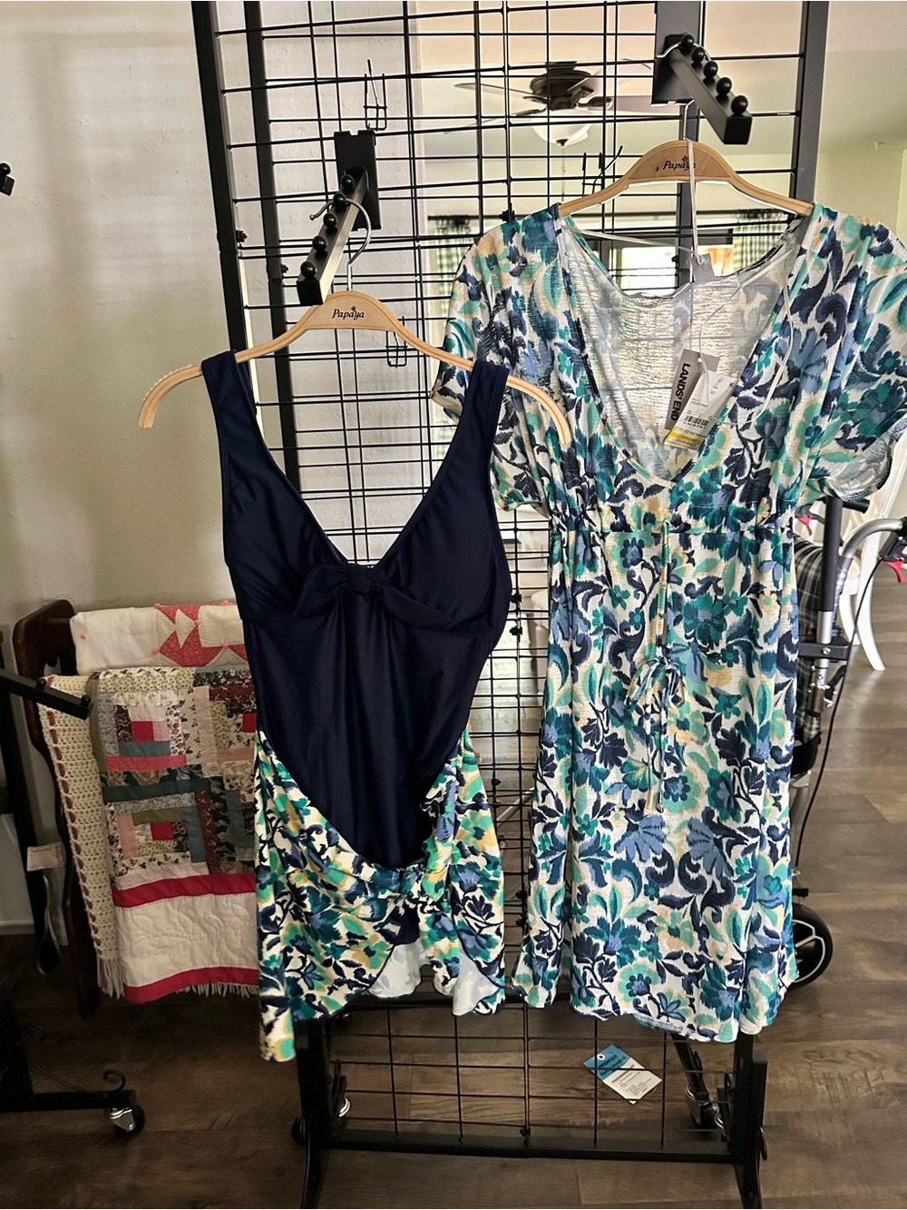 NWT Lands' End Navy One-Piece Swimdress with Aqua Floral Skirt/matching coverup